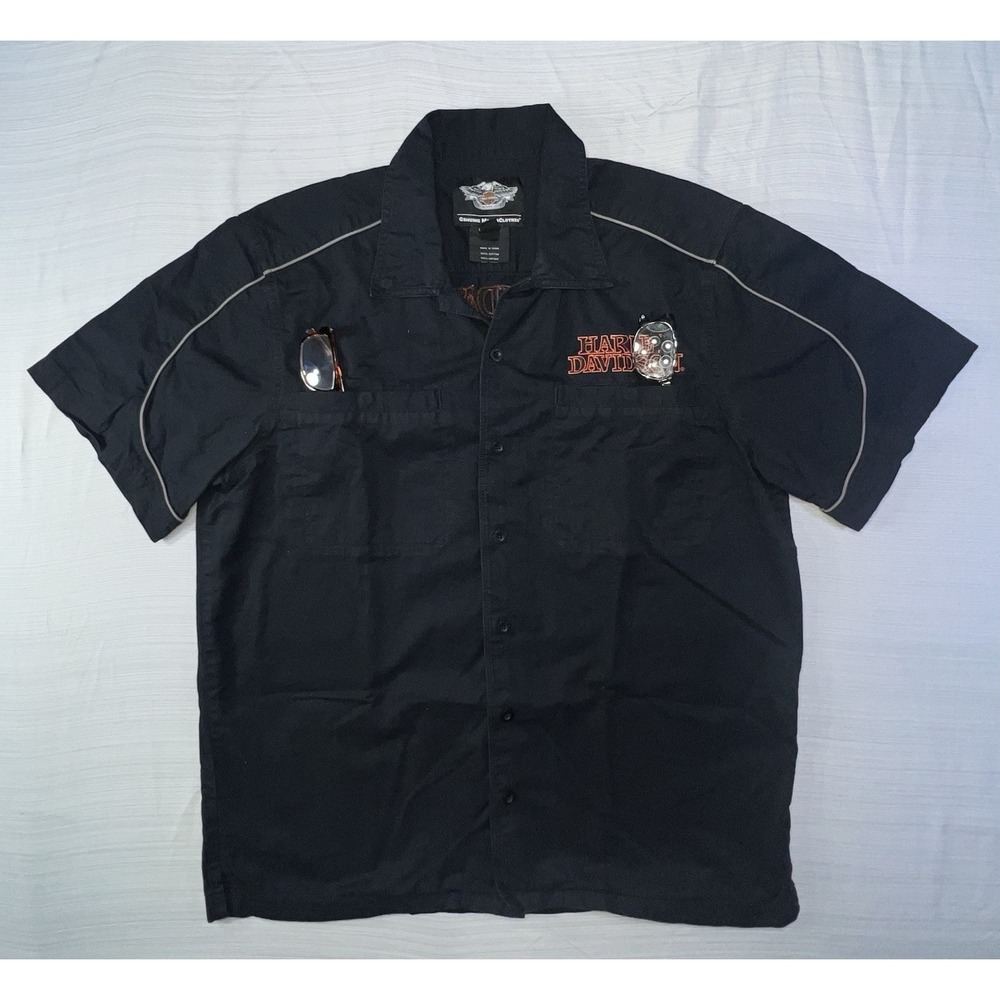 Harley-Davidson Mens Black Cotton Short Sleeve American Button-Down Shirt Size L - Picture 2 of 11